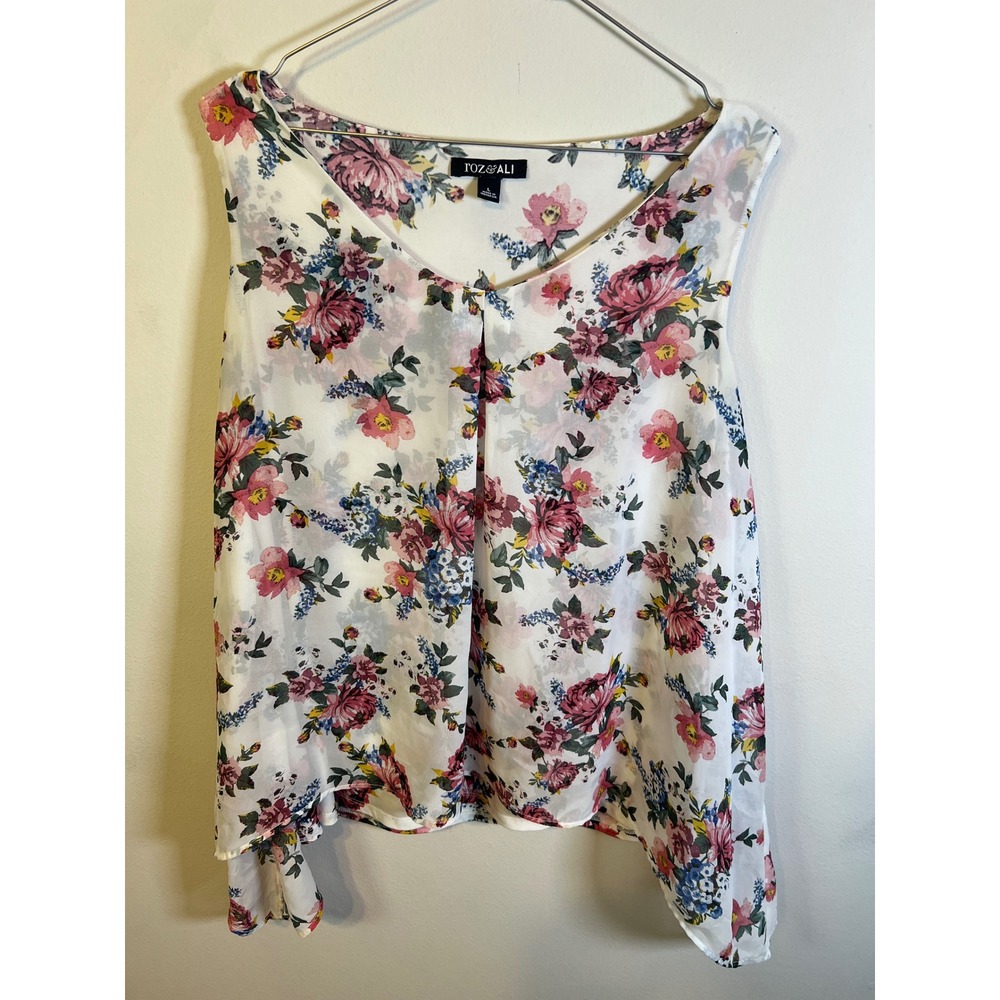 Roz & Ali Women Sleeveless Floral Pleated Front Blouse White L